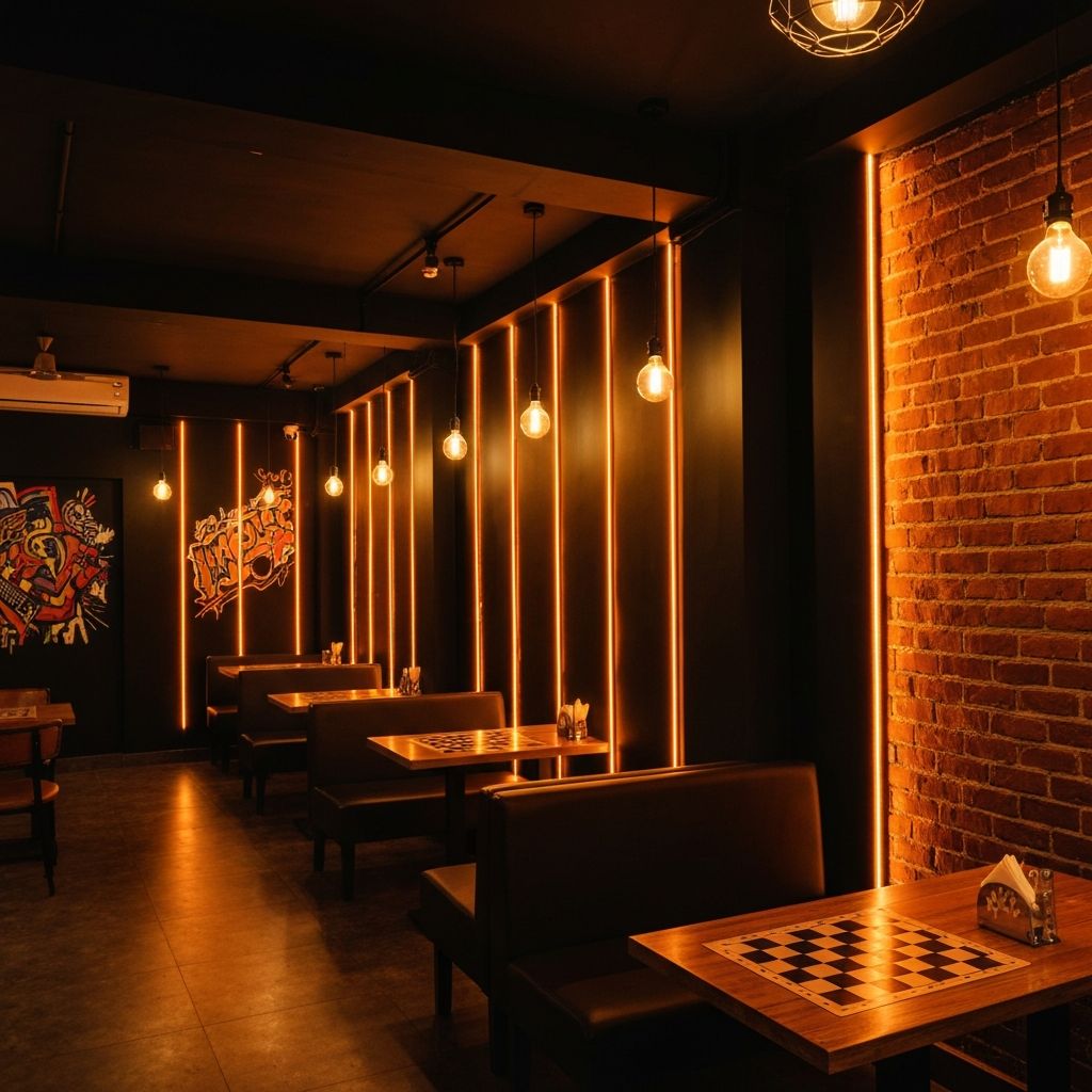 Inside Fat Tiger Kolkata — warm lights, chess boards, cozy booths